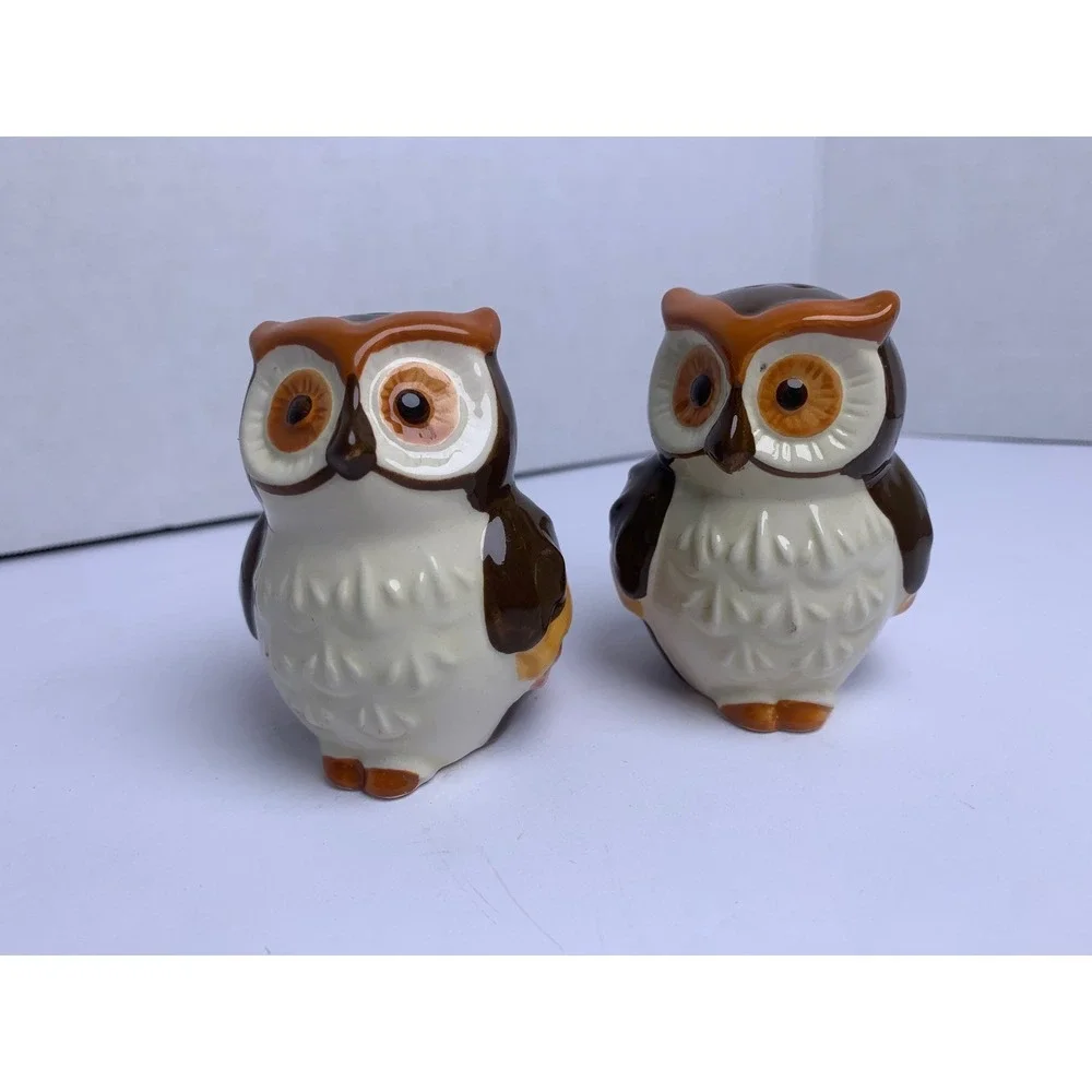 Vintage Ceramic Owl Salt and Pepper Shakers‎ Retro Bohemian Hand Painted Set
